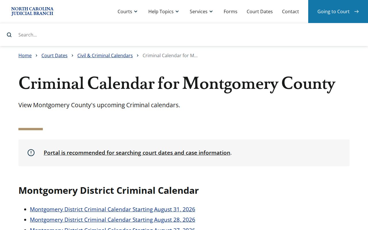 Montgomery criminal docket calendar for court hearing confirmation